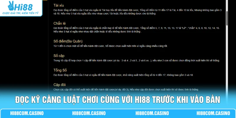Tài Xỉu - Sicbo Với 3 Viên Xúc Xắc Và 5 Nhóm Cửa Cược Đọc kỹ càng luật chơi cùng với Hi88 trước khi vào bàn
